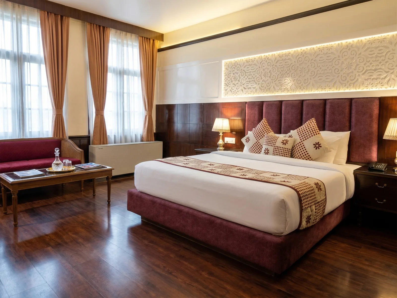 Heritage Royal Room with antique writing desk and pine tree views