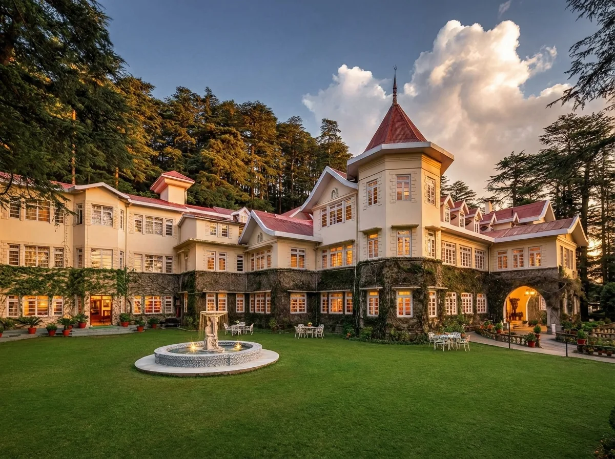Hotel Woodville Palace — stately heritage stone palace architecture nestled in deep green pine forests of Shimla mountains