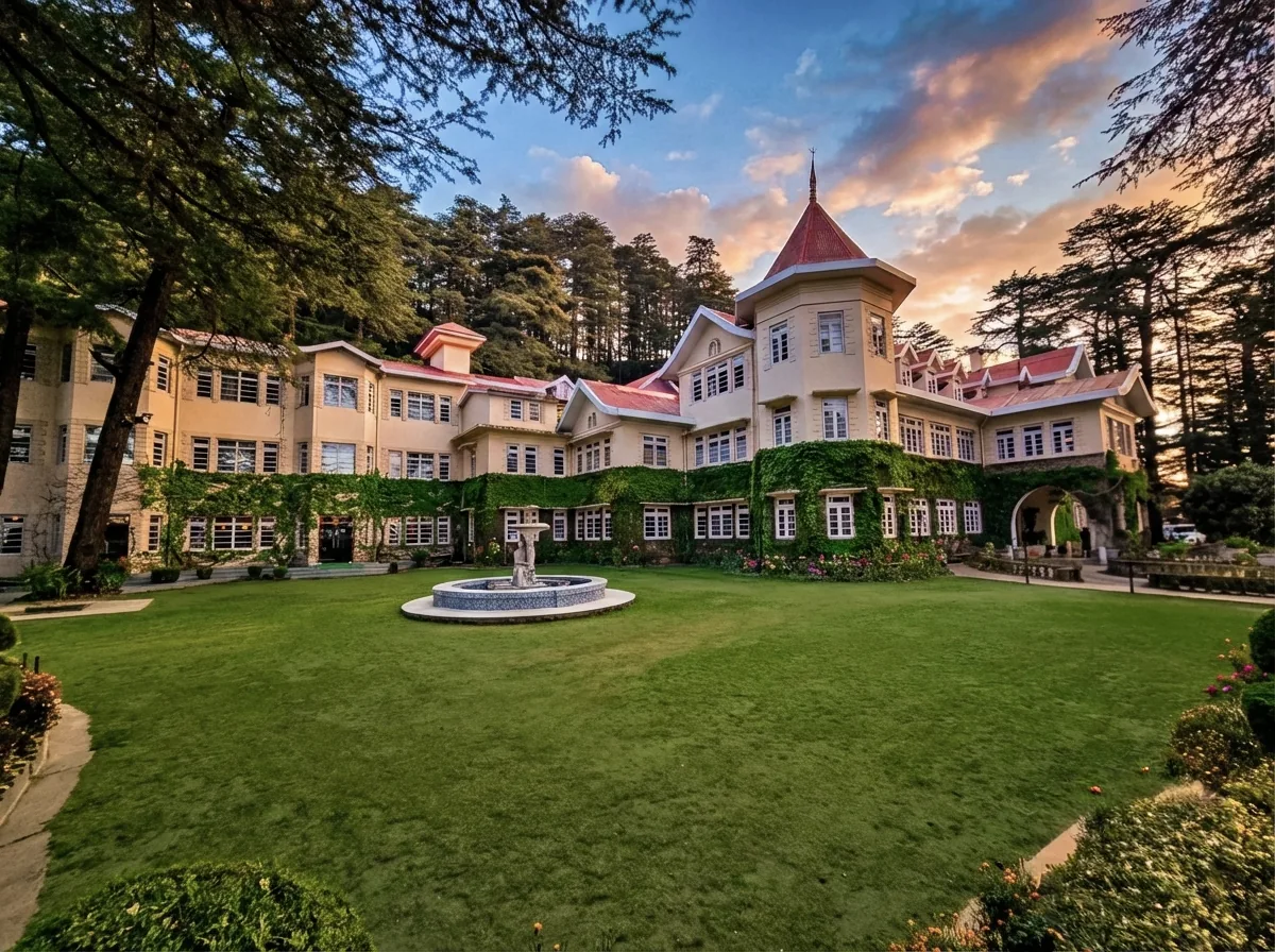 Heritage facade and gardens of Hotel Woodville Palace, Shimla
