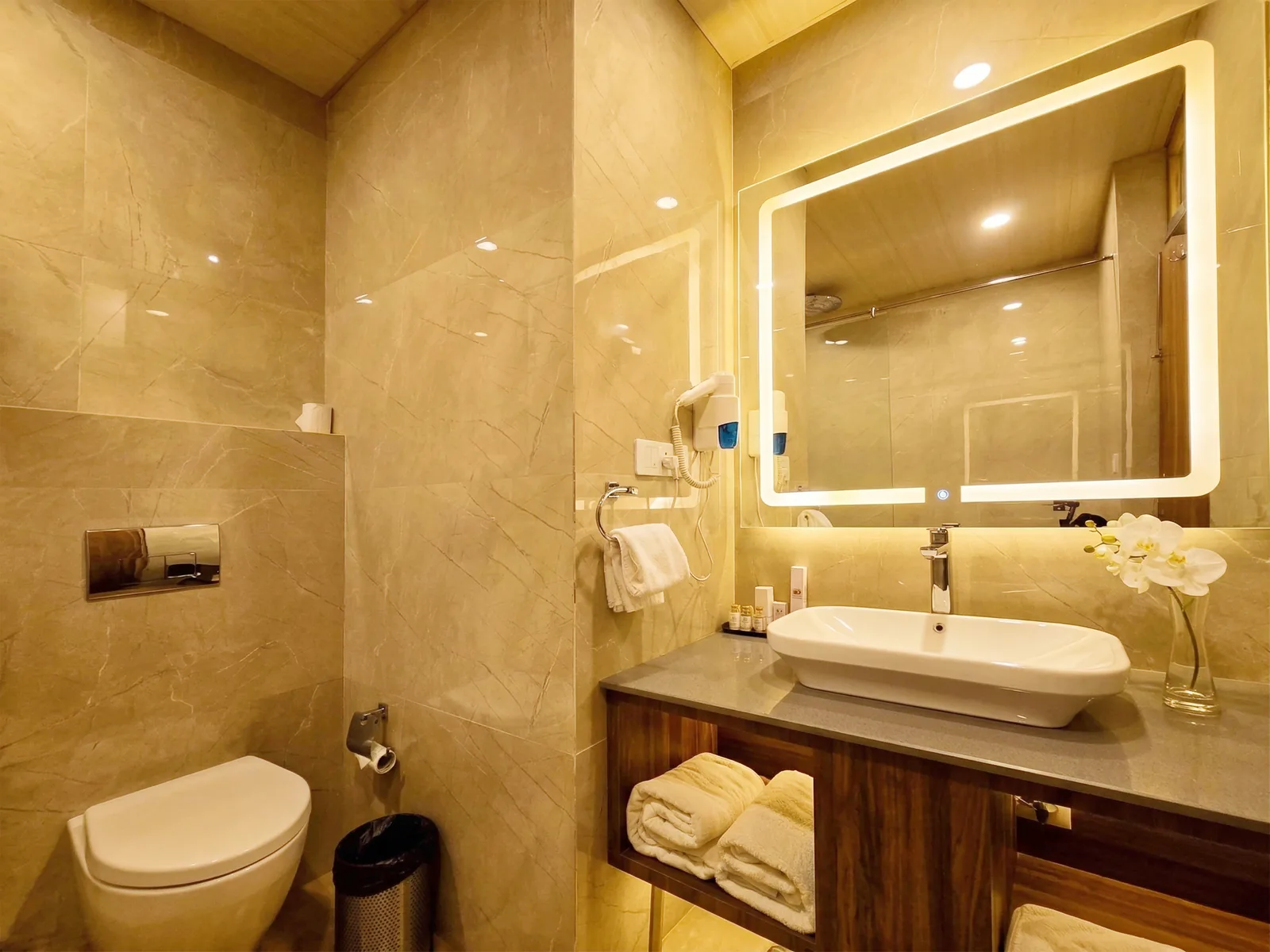 Imperial Room bathroom — marble surfaces, twin vanity and premium amenities at Woodville Palace