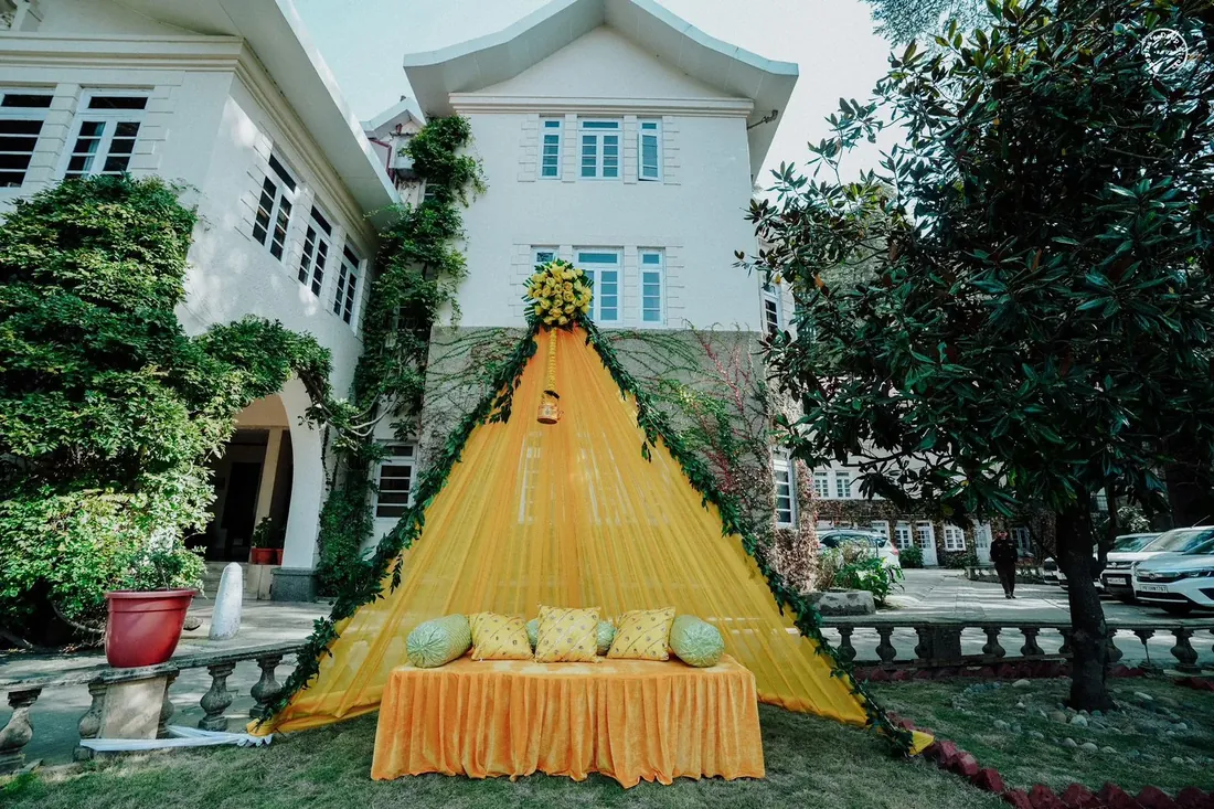 Wedding decor at Woodville Palace Shimla — floral installations and draped mandap on the heritage estate