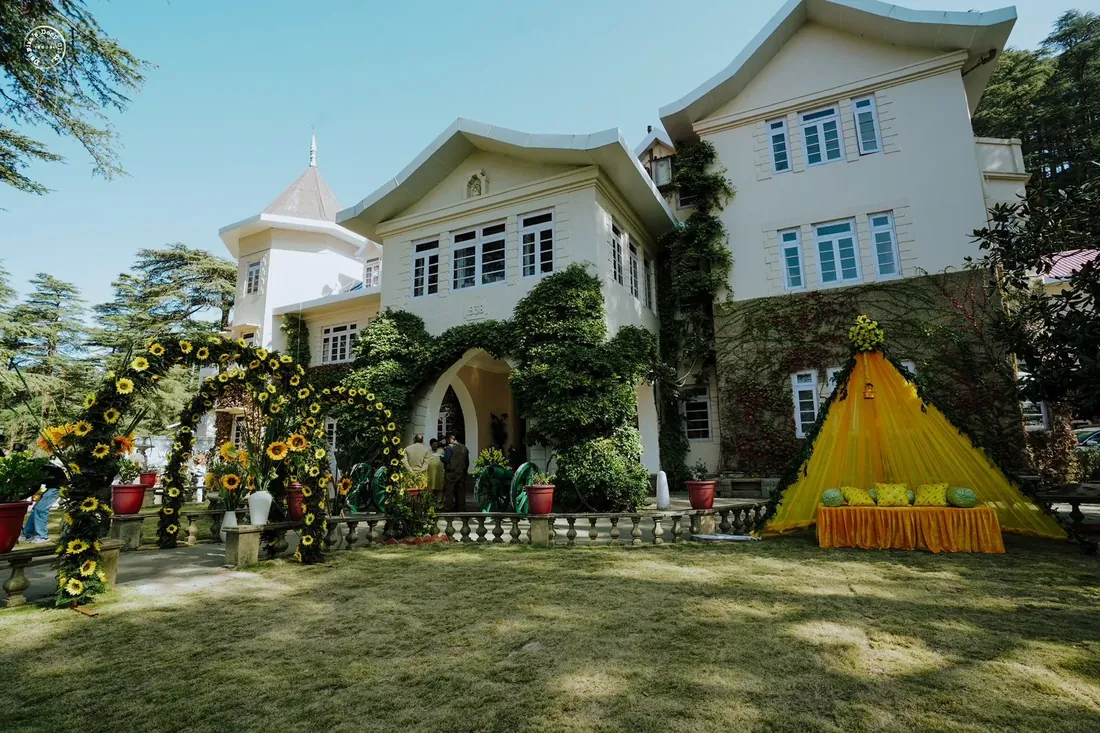 Wedding decor at Woodville Palace Shimla — floral installations and draped mandap on the heritage estate