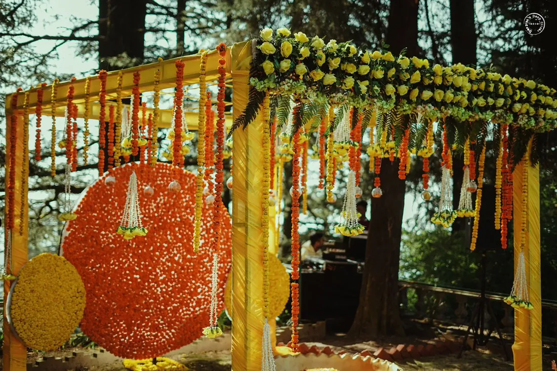 Wedding decor at Woodville Palace Shimla — floral installations and draped mandap on the heritage estate