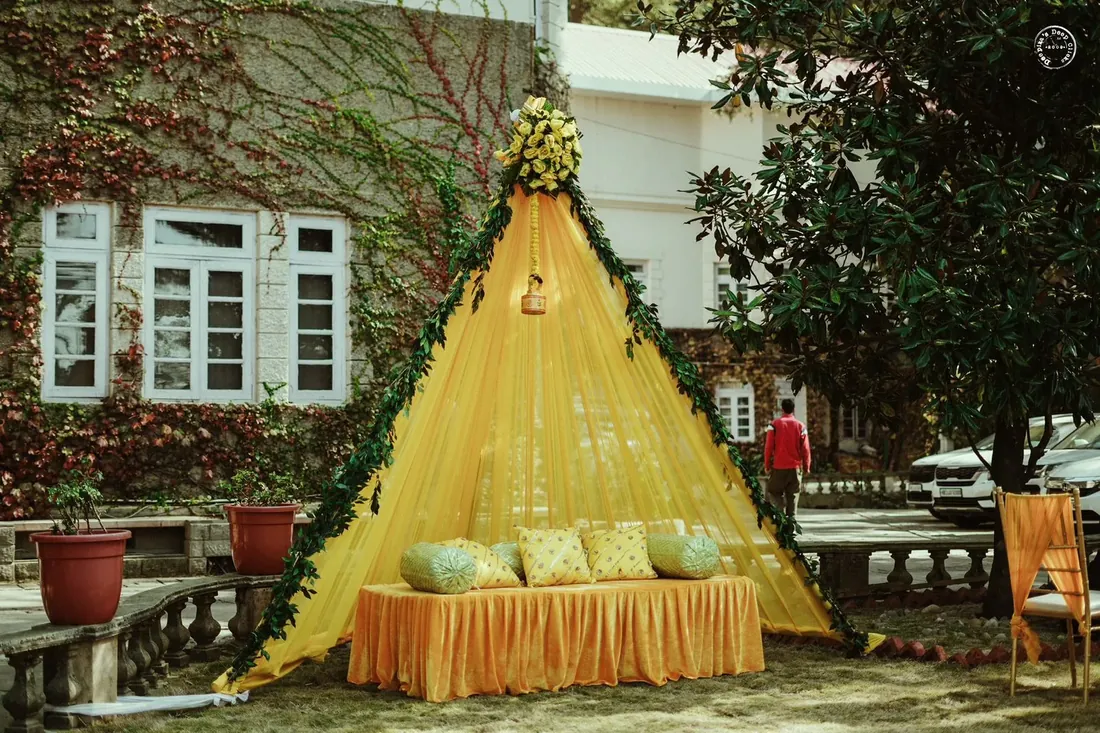 Wedding decor at Woodville Palace Shimla — floral installations and draped mandap on the heritage estate