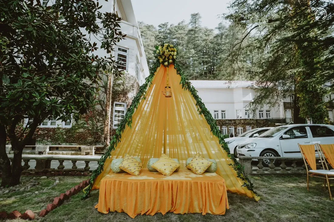 Wedding decor at Woodville Palace Shimla — floral installations and draped mandap on the heritage estate
