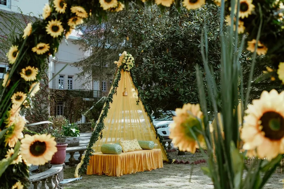 Wedding decor at Woodville Palace Shimla — floral installations and draped mandap on the heritage estate