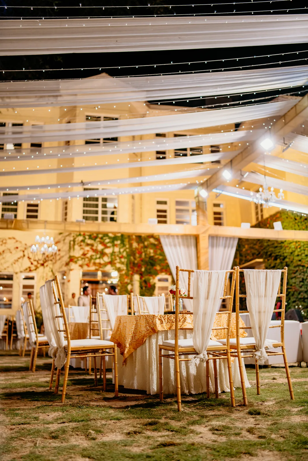 King's Garden at Woodville Palace Shimla — lawn dressed with drapes, fairy lights and gold chiavari chairs for an evening reception
