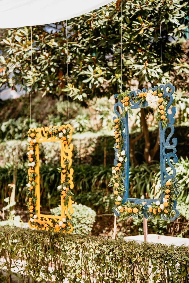 Haldi ceremony decor at Woodville Palace Shimla — sunflowers, marigold and yellow drapes on the palace lawn