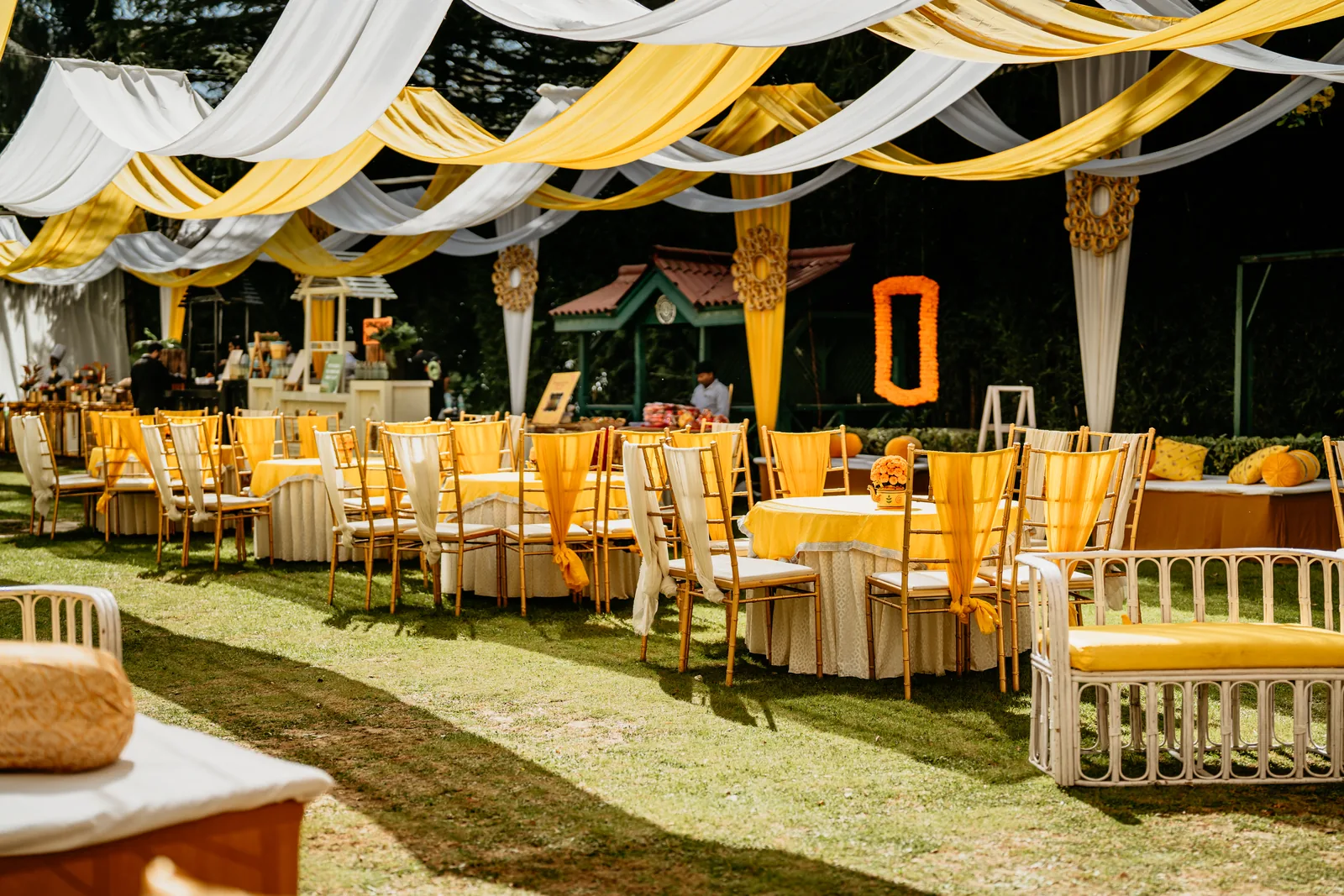 Emperor Garden at Woodville Palace Shimla — covered lawn draped in yellow and white for a haldi ceremony, set for 500 guests
