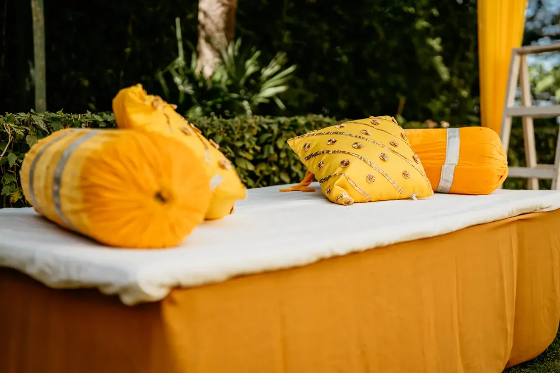 Haldi ceremony decor at Woodville Palace Shimla — sunflowers, marigold and yellow drapes on the palace lawn